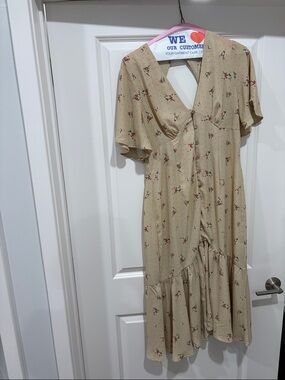 Beige Floral Midi Dress with V-Neck and Ruffle Hem